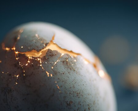 close-up of one Easter egg where cracks form a glowing map like constellations, dark soft background fading into blur
