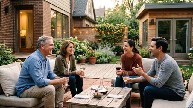 Shared patio wine gathering with baby boomer parents and millennial children