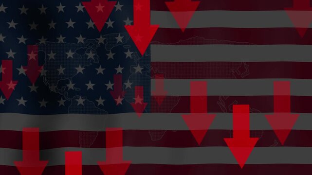 Economic Decline: Red arrows descend across a distressed American flag, symbolizing financial downturn and market volatility.