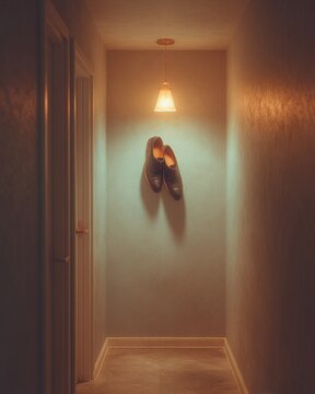 corridor in an apartment with one pair of formal shoes neatly attached high on the wall, everything else normal