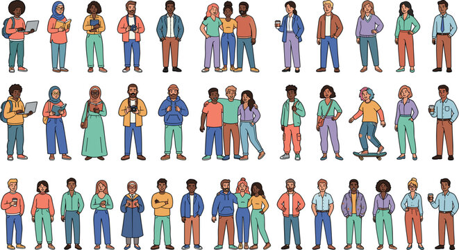 Diverse multicultural group of standing cartoon people characters in casual clothing vector illustration asset collection pack