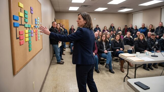 Managed retreat timeline board presentation during tense town hall meeting