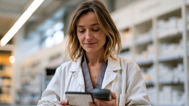 self checkout assistant in a bright retail aisle reviewing a formulary committee drug review checklist on a handheld scanner, sterile white background behind product shelves, over