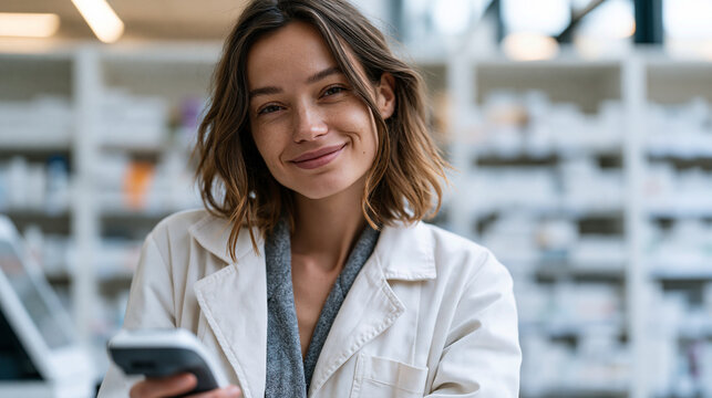 self checkout assistant in a bright retail aisle reviewing a formulary committee drug review checklist on a handheld scanner, sterile white background behind product shelves, over