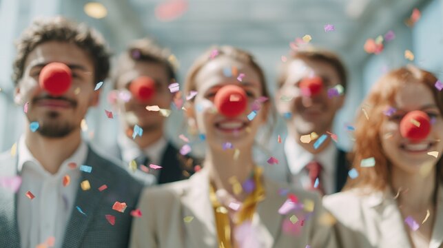 corporate open office, all employees dressed normally but each wearing a bright red clown nose, soft colorful confetti floating gently in the air