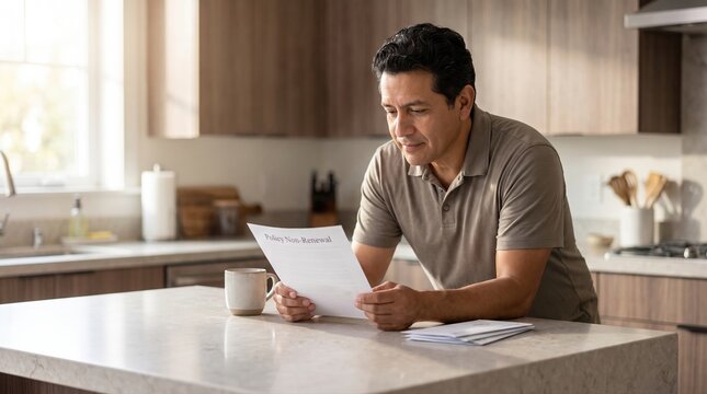 Policy non-renewal letter review by homeowner at kitchen island