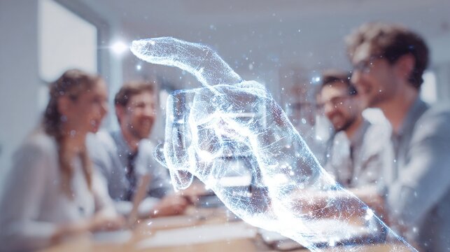 computer desktop projected on a wall in a meeting room, physical 3D cursor floating in air pointing at people