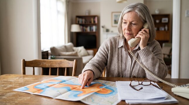 Hazard map phone consultation at dining table with senior homeowner review