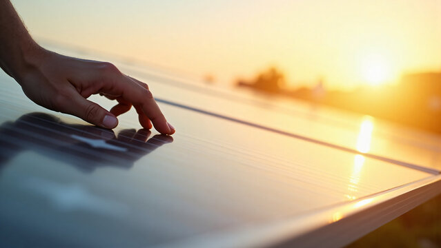 A hand gently touches a solar panel during a beautiful sunset with warm golden light and soft shadows