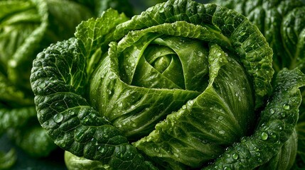 Obraz premium Fresh Green Cabbage Head with Water Droplets