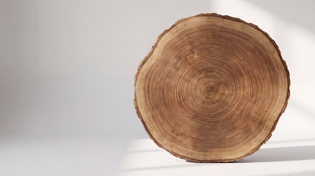 Tree rings wood texture. Cross section of a log on a minimal white studio background.