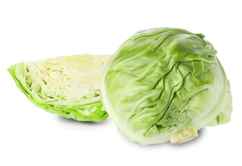 Obraz premium Young cabbage isolated on white. Whole and sliced