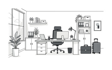 Fototapeta premium Office corporate analytical workspace workspace furniture technology computers scene room office, desk, chair, suitcase, brief