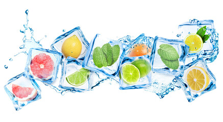 Obraz premium Fresh citrus fruits in ice cubes and water splash in air on white background