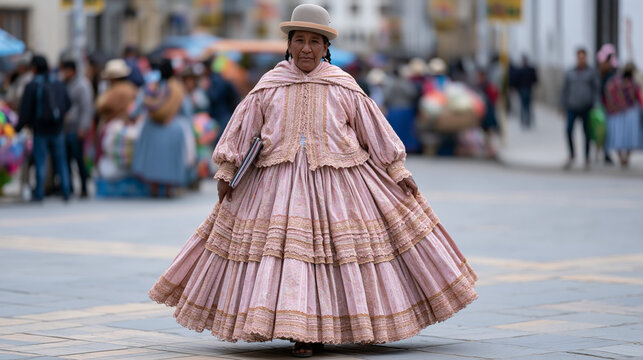 Bolivian cholita wrestler in layered pollera skirt and bowler hat strides confidently through congested city intersection, executive coaching workbook tucked under arm, vendors