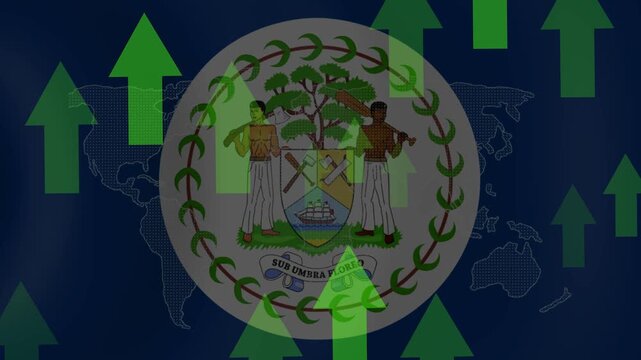 Belize Economy Growth: The flag of Belize superimposed on a world map with green upward arrows symbolizing economic growth and positive development.