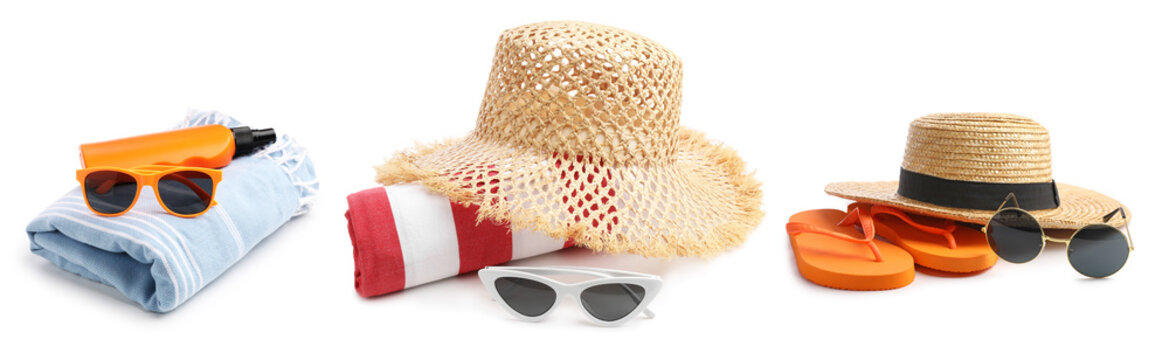Sunglasses and beach stuff isolated on white, set