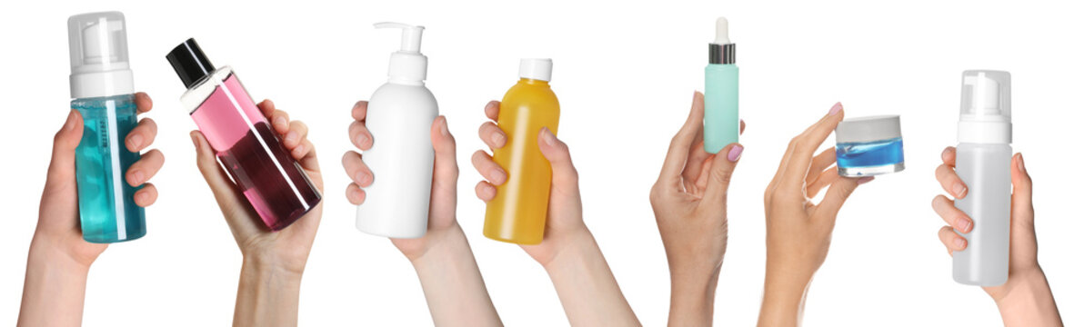 Women holding cosmetic products in hands, closeup. Collage on white background