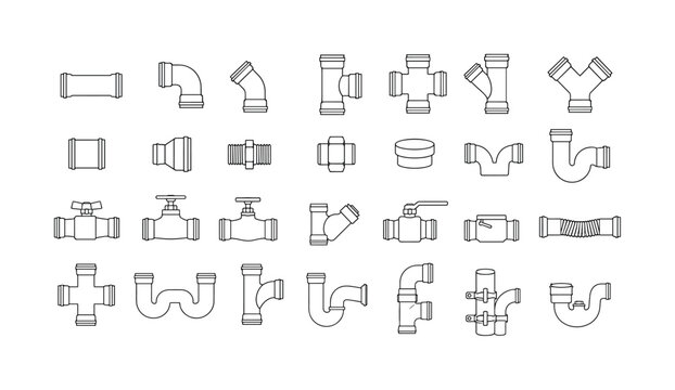 Plumbing pipe connections tubes hardware layout options thin line icons, pipe, plumbing, connector, joint, tube, system, hardware,