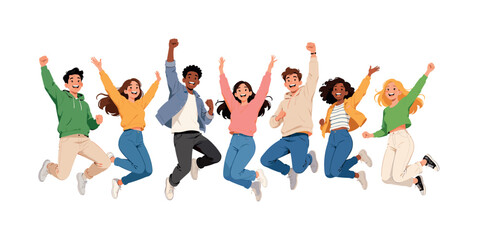 Fototapeta premium Group of happy diverse young people characters jumping cheering, people, group, crowd, youth, multiethnic, team, friend, community