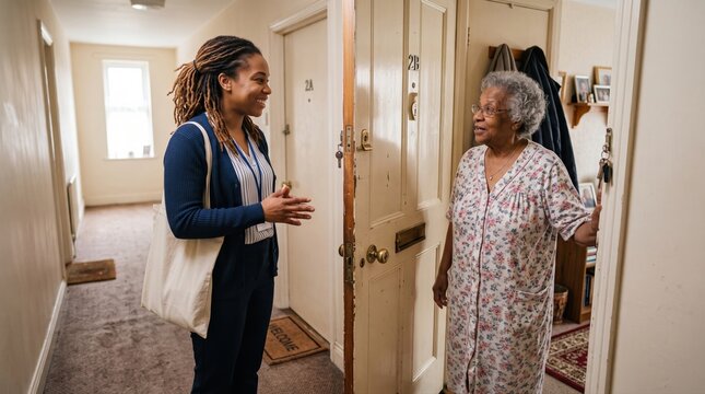 Welfare check conversation at front door with social worker and elderly resident