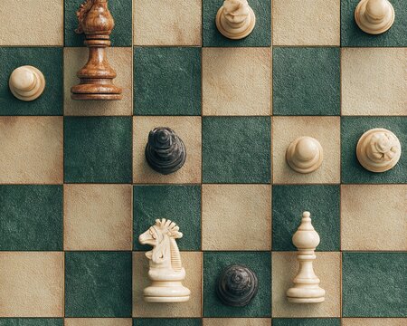 chessboard where every piece is the same, no strategy possible, hopelessness symbolism, clean top-down