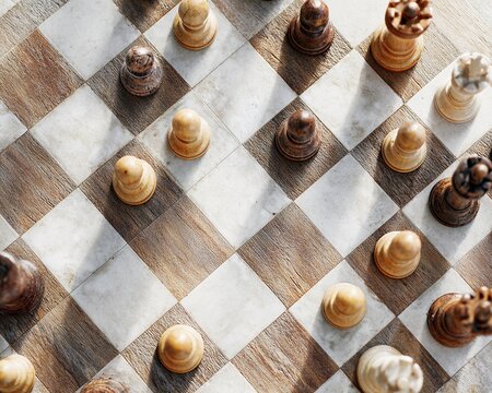 chessboard where every piece is the same, no strategy possible, hopelessness symbolism, clean top-down