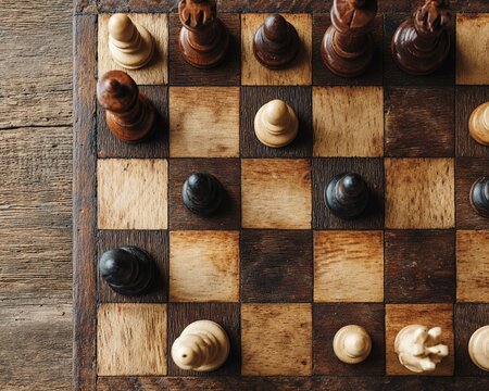 chessboard where every piece is the same, no strategy possible, hopelessness symbolism, clean top-down