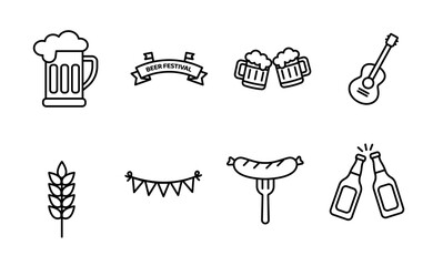 Fototapeta premium Beer Festival Line Icons Set, Oktoberfest Outline Vector Symbols with Beer Mug, Bottles, Sausage, Guitar and Wheat