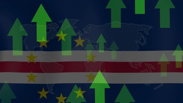 Cape Verde Economic Growth: Green arrows symbolizing upward economic growth surge across the Cape Verdean flag and a subtle world map overlay.