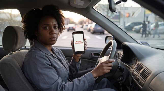 Account deactivated status on smartphone for ride share driver in parked car