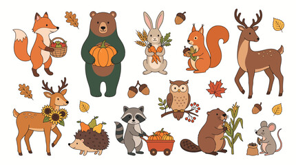Fototapeta premium Cute autumn forest animals set with fox bear deer squirrel owl raccoon hedgehog beaver and fall foliage
