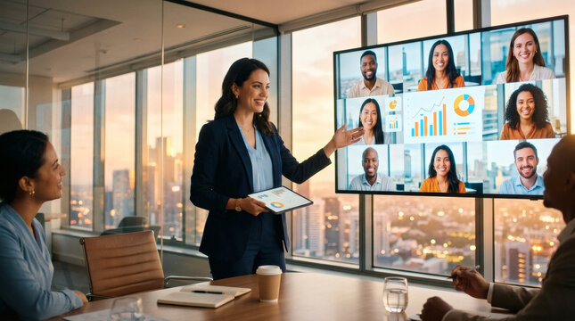  Business manager holding hybrid video conference team meeting with remote international remote colleagues on giant high definition screen in corporate boardroom