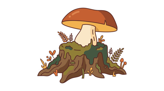 Cute illustration of a big edible boletus mushroom growing on an old mossy tree stump in the forest