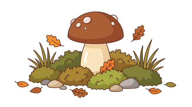 Cute autumn mushroom vector illustration growing in moss with falling leaves isolated on white background