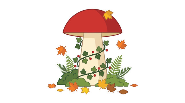 Autumn mushroom vector illustration with red cap wrapped in ivy vine, moss, ferns and falling autumn leaves isolated on white background