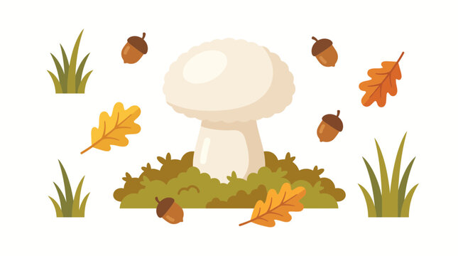 Cute white mushroom with autumn leaves, acorns, and grass tufts isolated on white background vector illustration