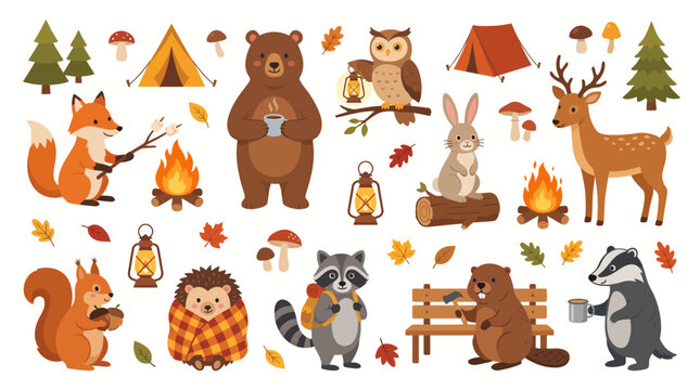 Cute Woodland Forest Animals Camping and Outdoor Nature Adventure Collection Featuring Wildlife Characters in Flat Illustration Style