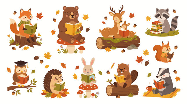 Cute woodland animals reading books vector illustration set with fox, bear, deer, owl, hedgehog, and forest elements