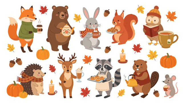 Cozy autumn animal collection with cute forest creatures enjoying hot drinks and seasonal treats