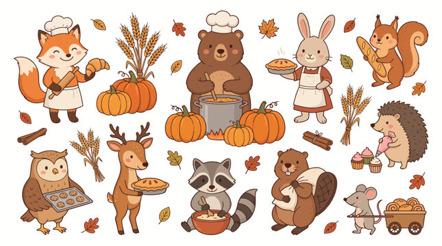 Cute Woodland Animals Baking Autumn Treats Collection with Harvest Pumpkins and Fall Foliage Elements