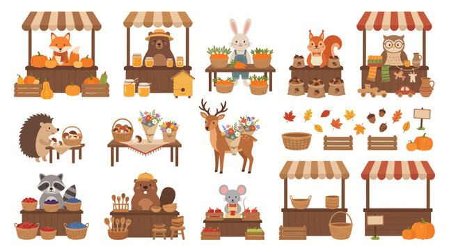 Cute forest animals autumn harvest market collection with fox bear and owl selling farm goods at a woodland village fair festival illustration
