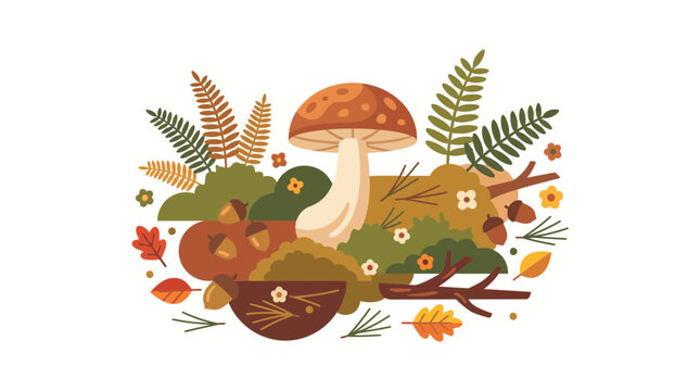 Autumn forest floor vector illustration with mushroom acorns leaves ferns and woodland nature elements
