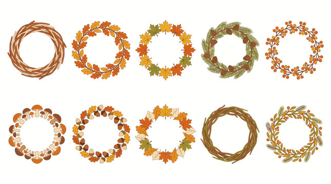 Set of ten autumn wreaths with various fall leaves, twigs, berries, mushrooms, and acorns for seasonal design projects