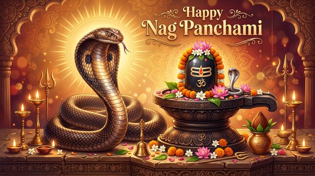 Happy nag panchami celebration with shiva lingam and cobra on festive orange background symbolizing indian tradition devotion and sacred hindu spiritual art