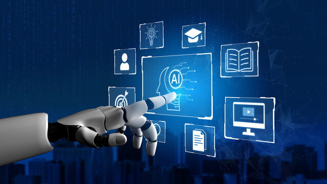 Concept of AI artificial intelligence supporting AI education solution, search, reskill, analytics and AI task management in a connected future AI wisdom digital workflow. Corpus