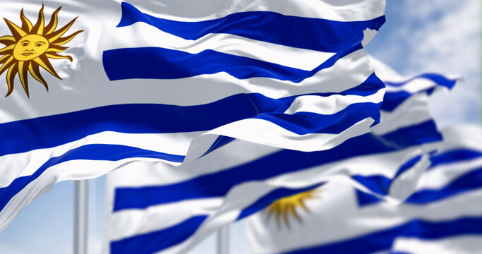 Uruguay national flags fluttering in the wind on a sunny day