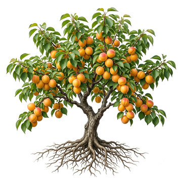 Aprium tree, mature full tree bearing smooth golden-orange apriums with light red blush, exposed visible roots, 11 ratio, isolated on seamless pure white background