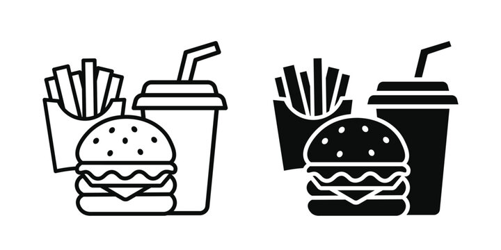 Fast food combo icon burger french fries soda set outline and solid silhouette vector isolated on white background