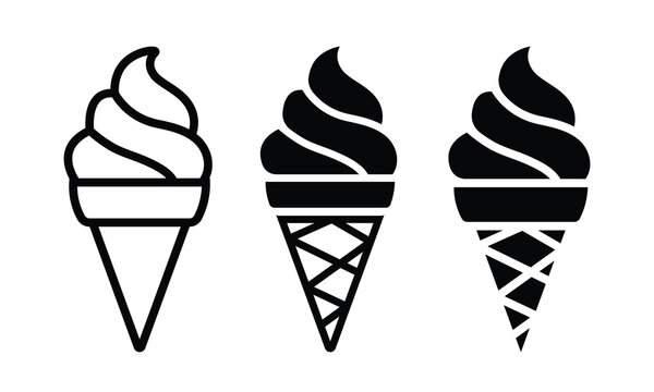Ice cream cone icon soft serve set outline and solid silhouette vector isolated on white background